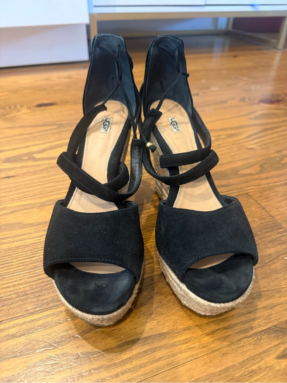 UGG Black Suede Reagan Wedge Sandals with Ankle Ties - size 8 - Picture 3 of 8